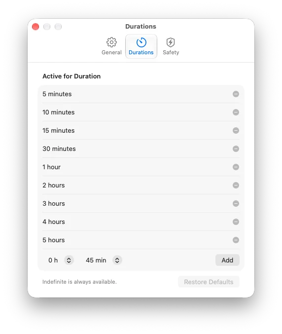 Duration presets from 5 minutes to 5 hours, with add and remove