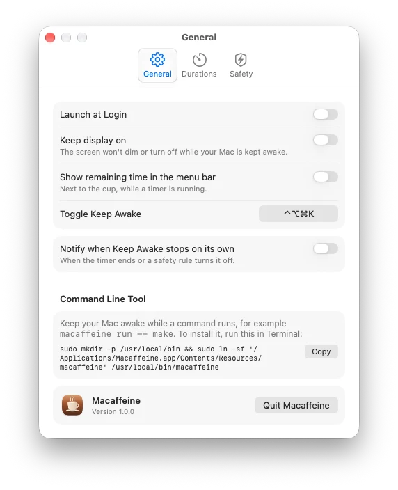 General settings: launch at login, keep display on, menu bar countdown, shortcut, notifications and command line tool