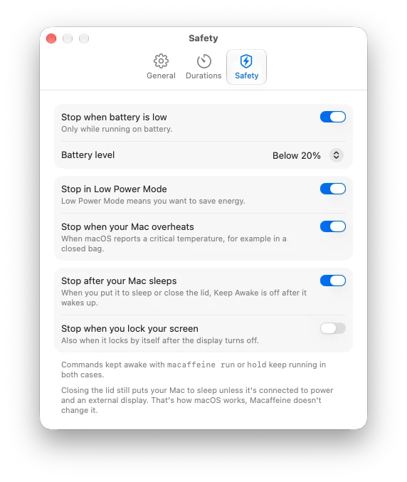 Safety settings: battery level, Low Power Mode, overheating, sleep and screen lock